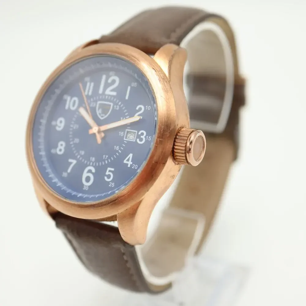 Picard & Cie Mens Blue Date 44mm Watch Rose Gold Tone Faux Leather w New Battery